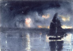 Zeilboot en vuurwerk op de vierde juli, 1880